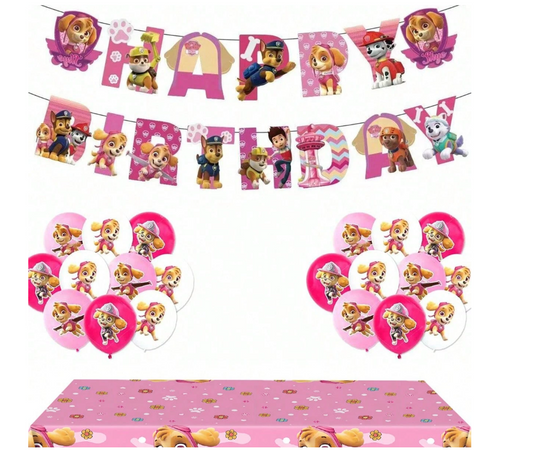 Paw Patrol Pink Theme Birthday Bash Box featuring Skye & Everest with balloons, tableware, and party decorations for kids’ birthday
