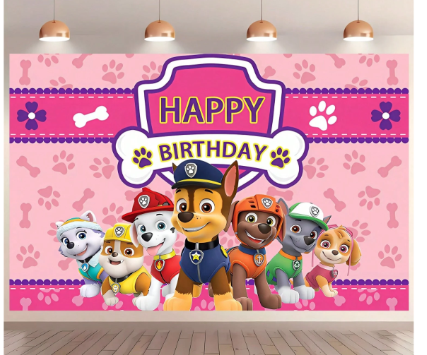Birthday banner with cartoon characters on a pink background