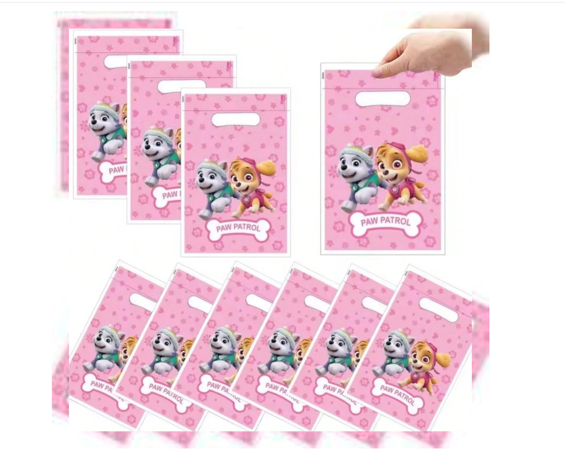 Set of pink treat bags with Paw Patrol characters on a white background