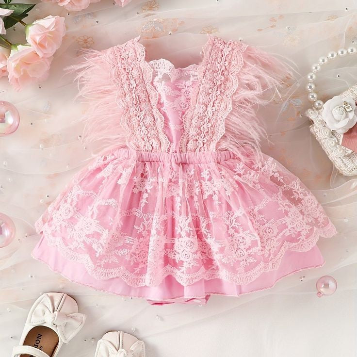 Pink Lace Romper with Feather Detail