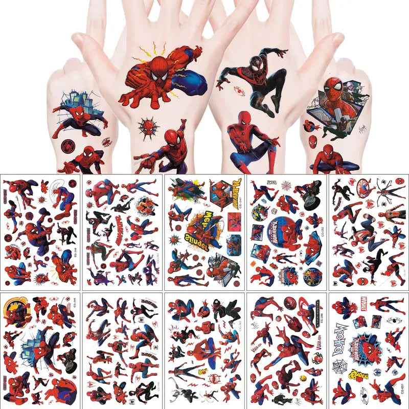 Spider-Man temporary tattoos on hands with additional sheets displayed below.