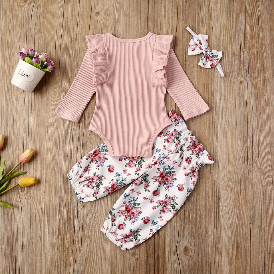 Ribbed Bunny Floral Romper and Bowknot Pants 100074