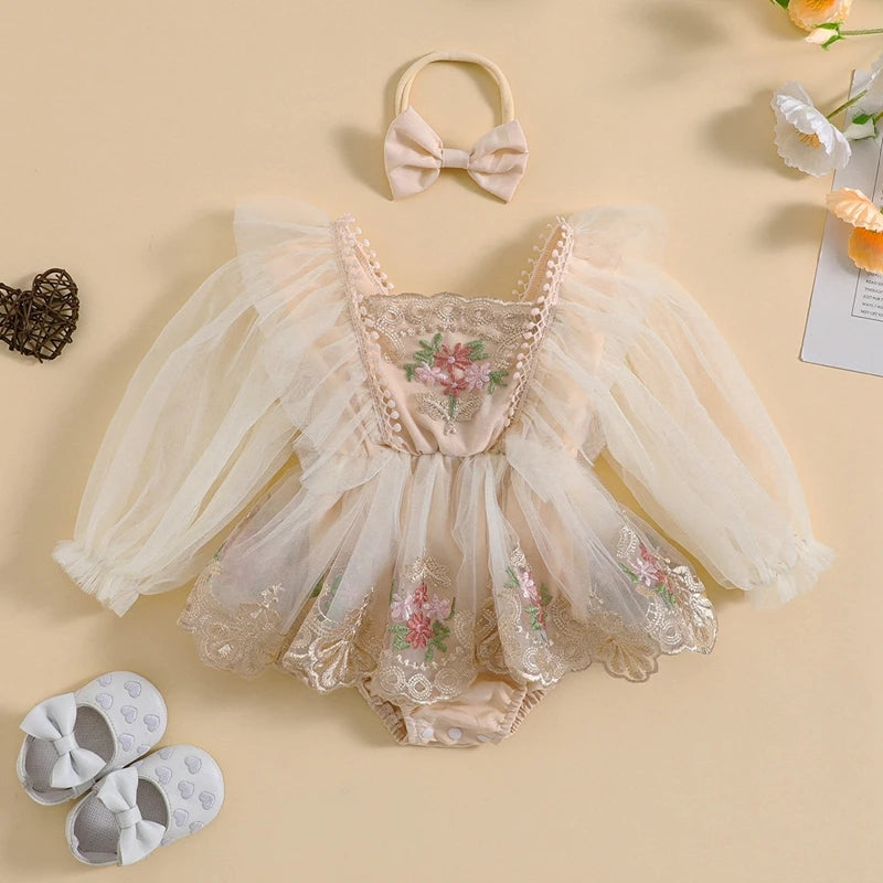 Champagne Embroidered Long Sleeve Romper and Headband