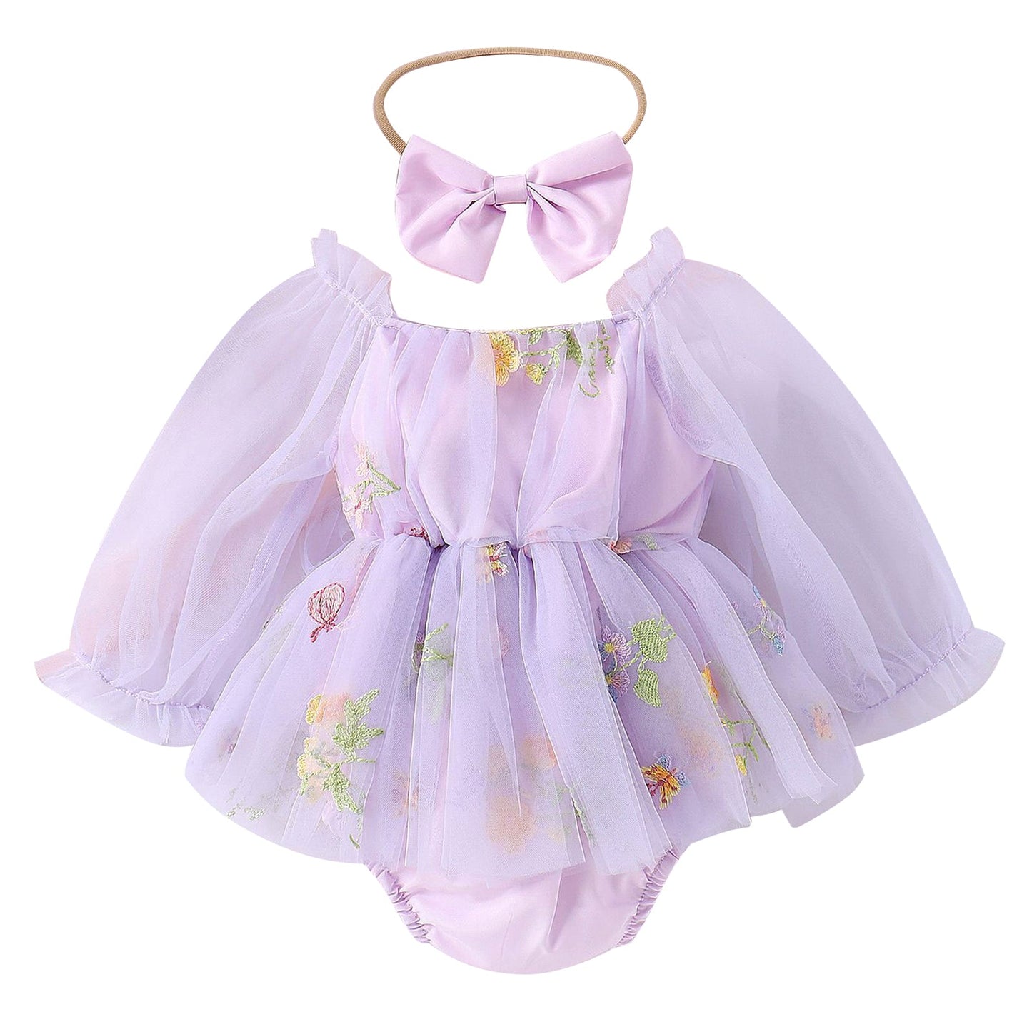 Purple Embroidered Long Sleeve Romper and Headband