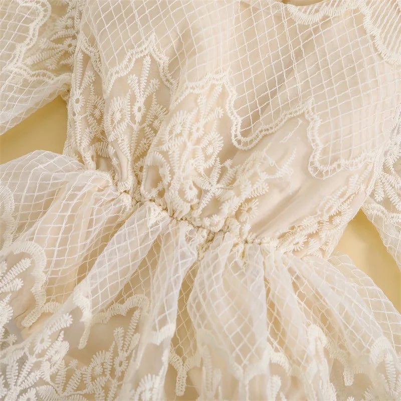 Off White Lace Romper Dress with Pichwork Plaid Skirt