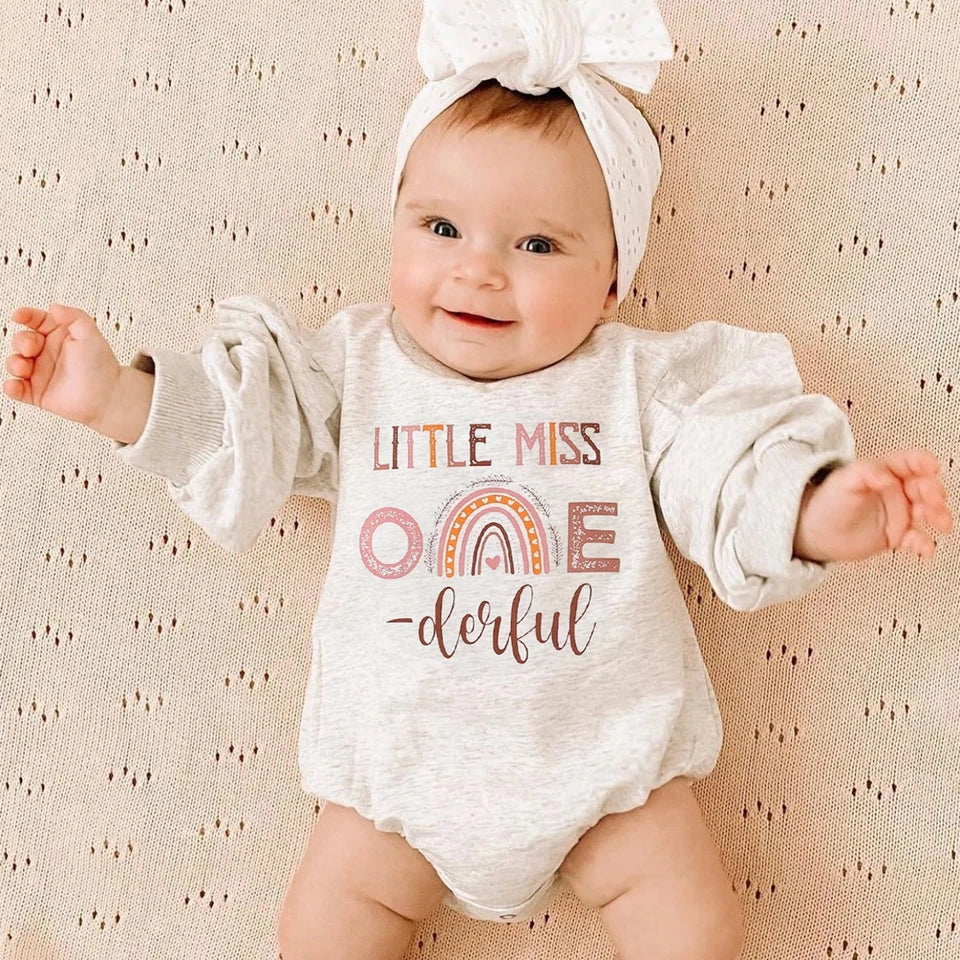 Little Miss One Derful Crewnek Birthday Romper, Gray