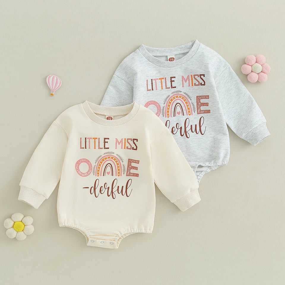Little Miss One Derful Crewnek Birthday Romper, Gray