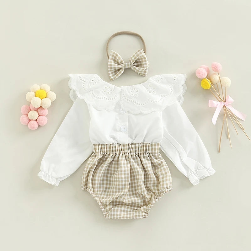 Lace Ruffle Collar Romper with Headband