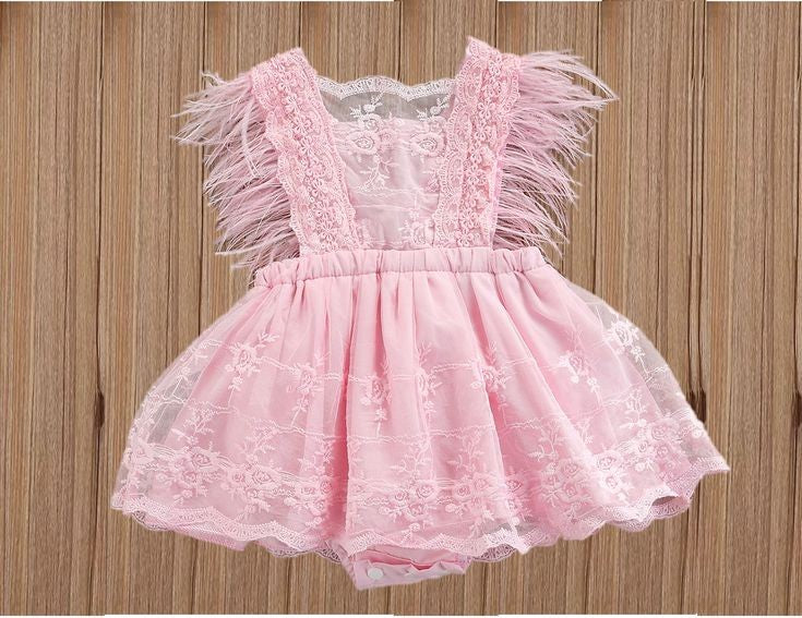 Pink Lace Romper with Feather Detail