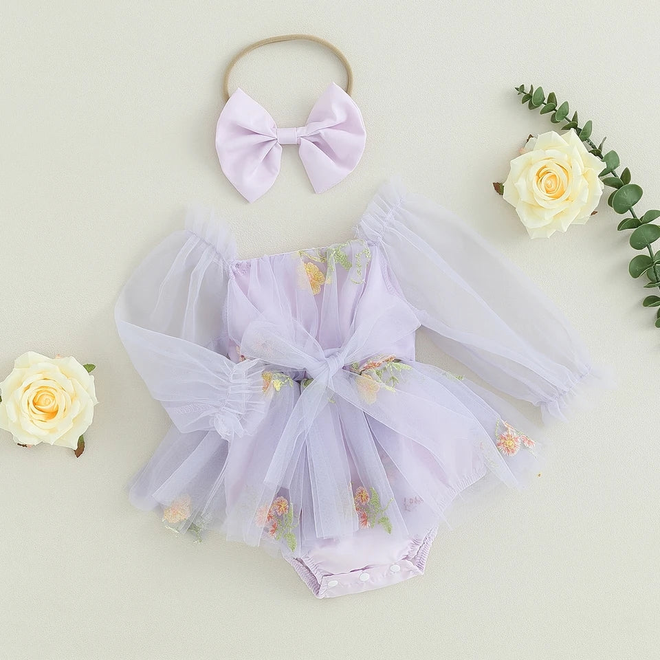 Purple Embroidered Long Sleeve Romper and Headband