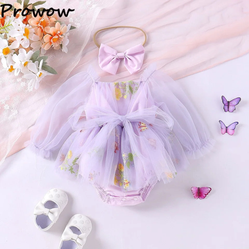 Purple Embroidered Long Sleeve Romper and Headband