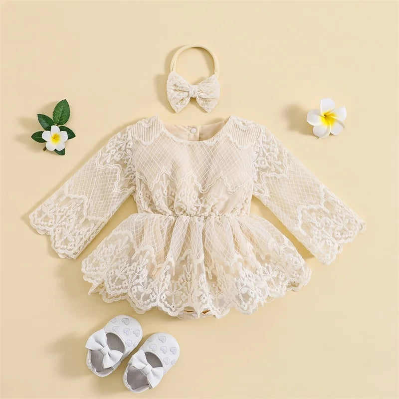 Off White Lace Romper Dress with Pichwork Plaid Skirt