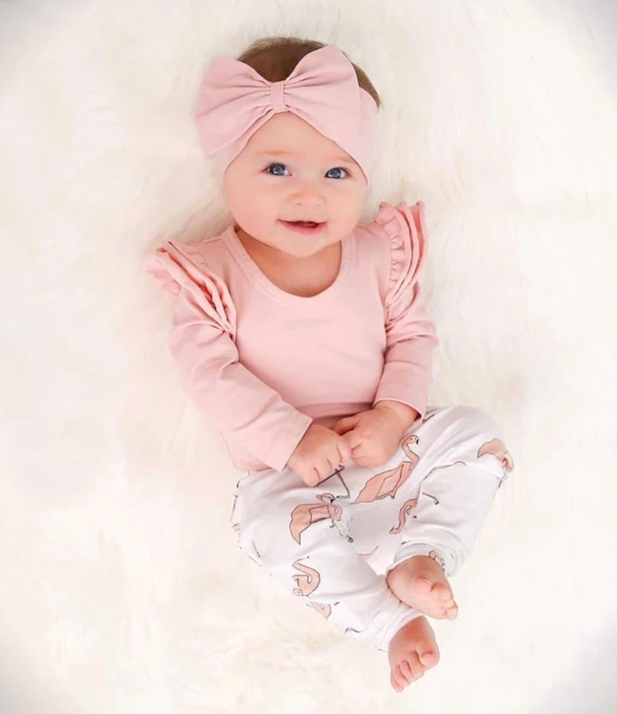 Pink Ruffle Sleeve Romper with Flamingo Pants and Headband 100076