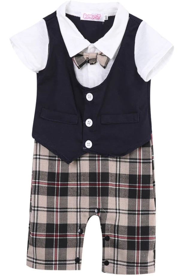Navy Checked Gentleman Romper Jumpsuit