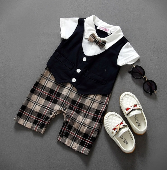Navy Checked Gentleman Romper Jumpsuit
