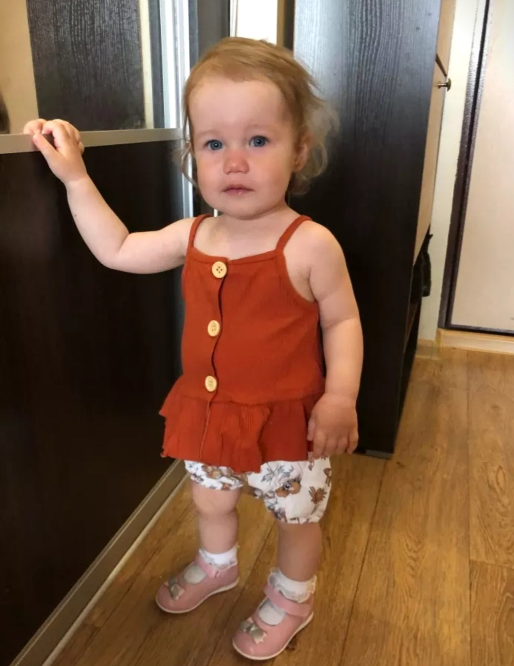 Rust Ribbed Spaghetti Top and Floral Shorts 1000238