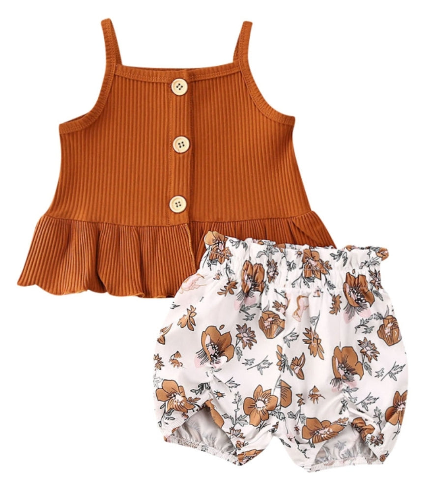 Rust Ribbed Spaghetti Top and Floral Shorts