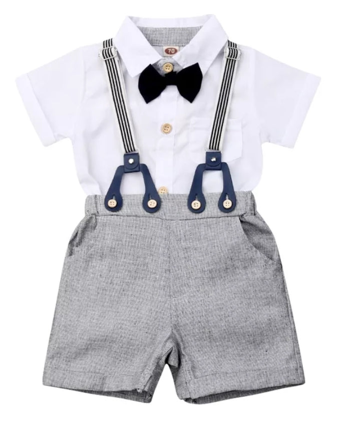 Gentleman Suit White Short Sleeve Shirts with Shorts, Suspenders and Bowtie
