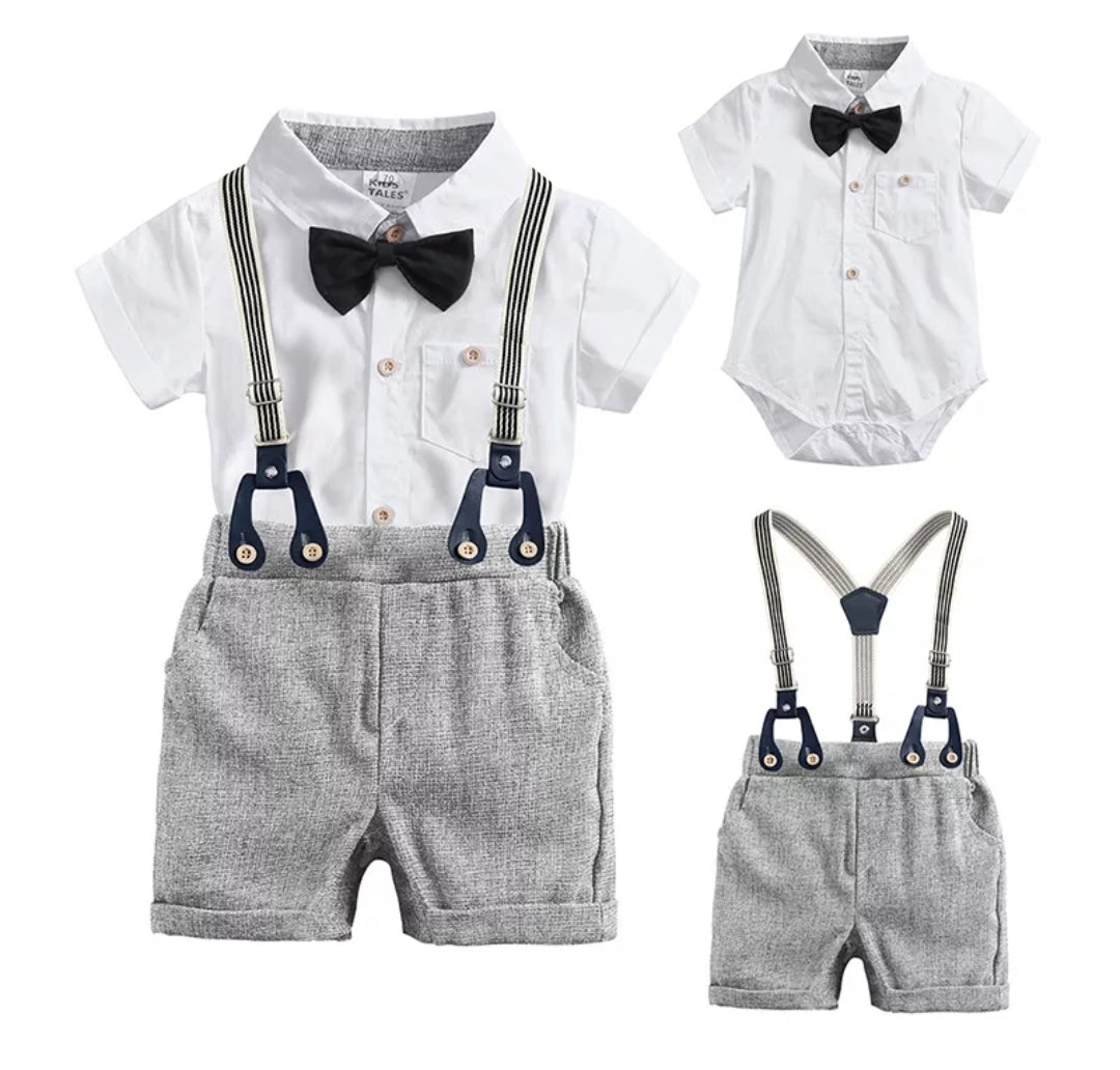 Gentleman Suit White Short Sleeve Shirts with Shorts, Suspenders and Bowtie