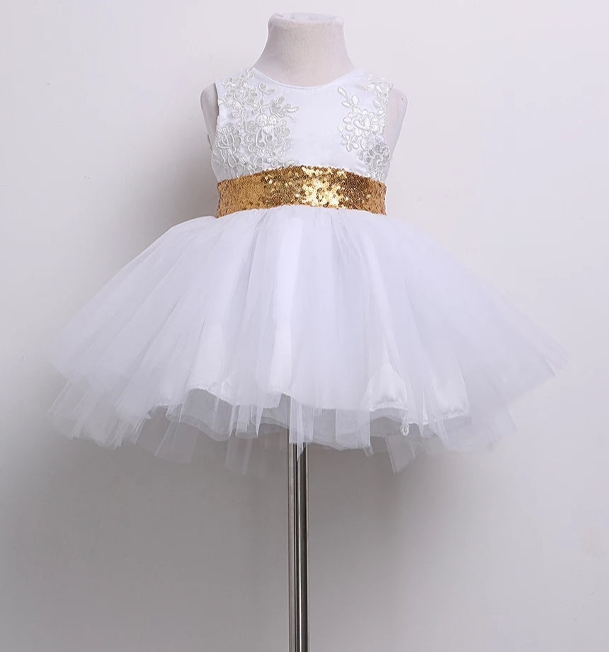 White Lace Tutu Dress with Gold Sequins Bow