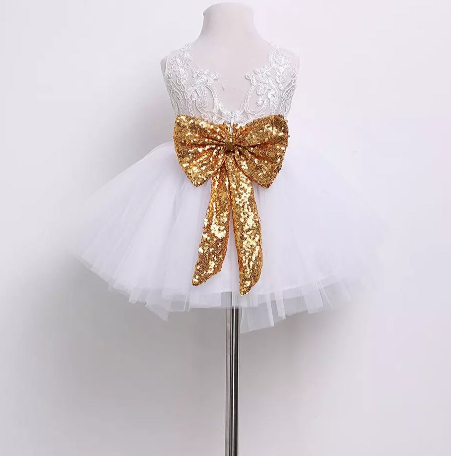 White Lace Tutu Dress with Gold Sequins Bow