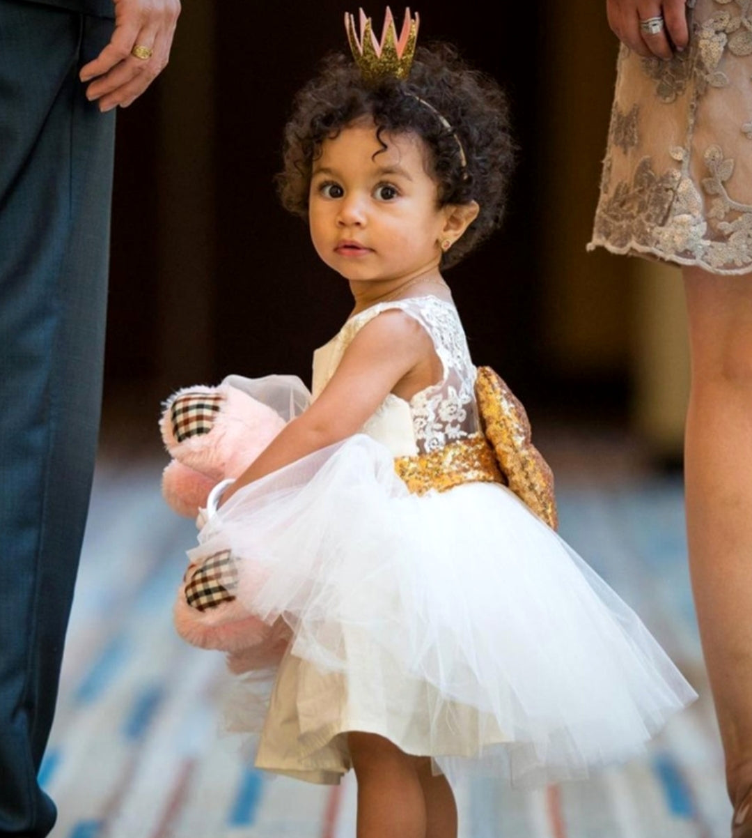 White Lace Tutu Dress with Gold Sequins Bow