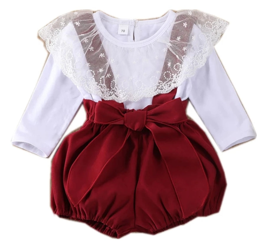 Yarn Lotus Leaf Lace Top & Strapped Burgundy Overall Shorts