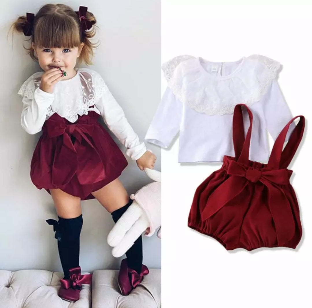 Yarn Lotus Leaf Lace Top & Strapped Burgundy Overall Shorts