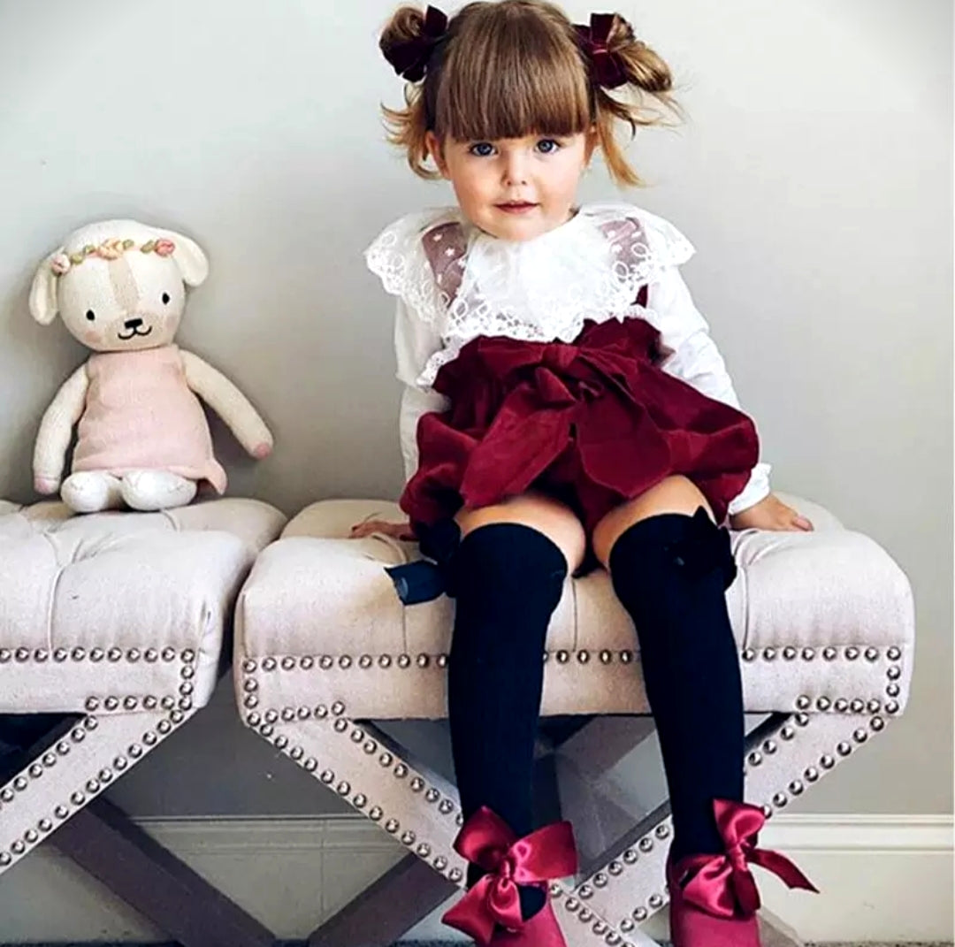 Yarn Lotus Leaf Lace Top & Strapped Burgundy Overall Shorts