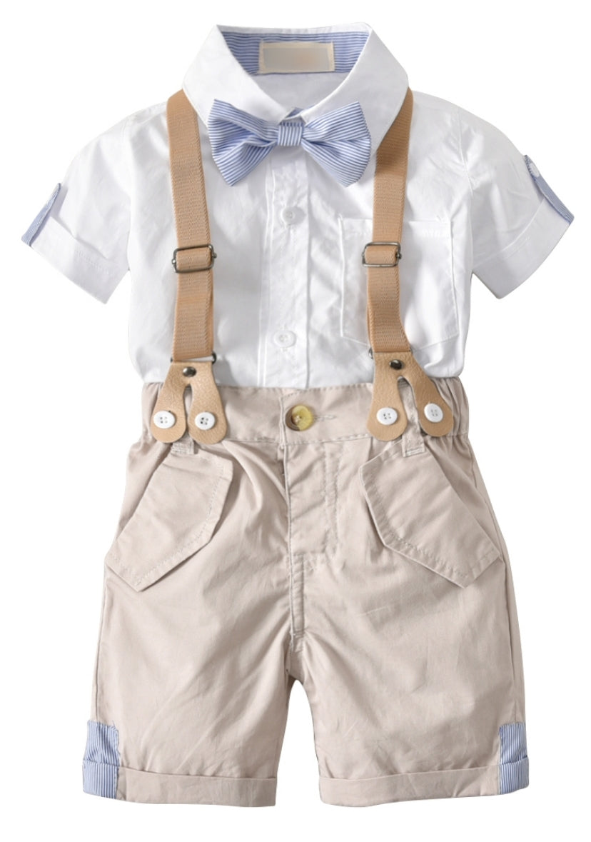 Gentleman Suit, White Shirt, Bowtie, Chino Shorts And Suspenders