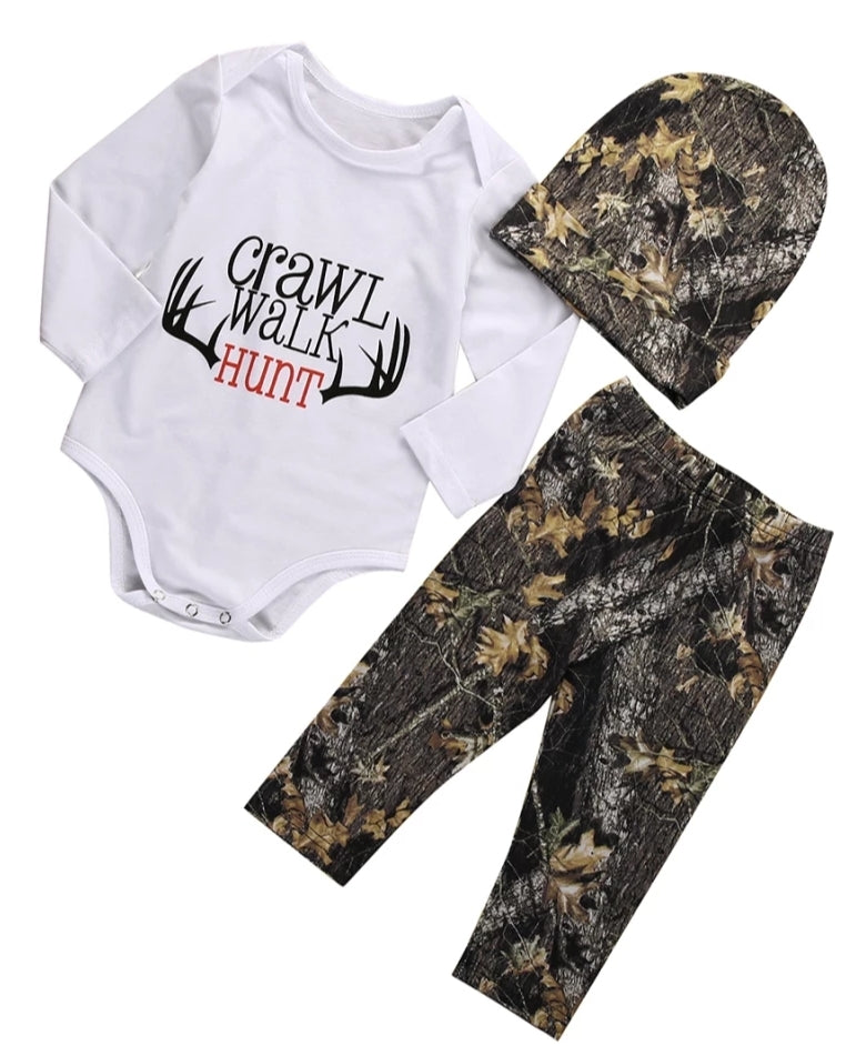 Crawl, Walk, Hunt Romper with Camo Pants and Beanie 2000127