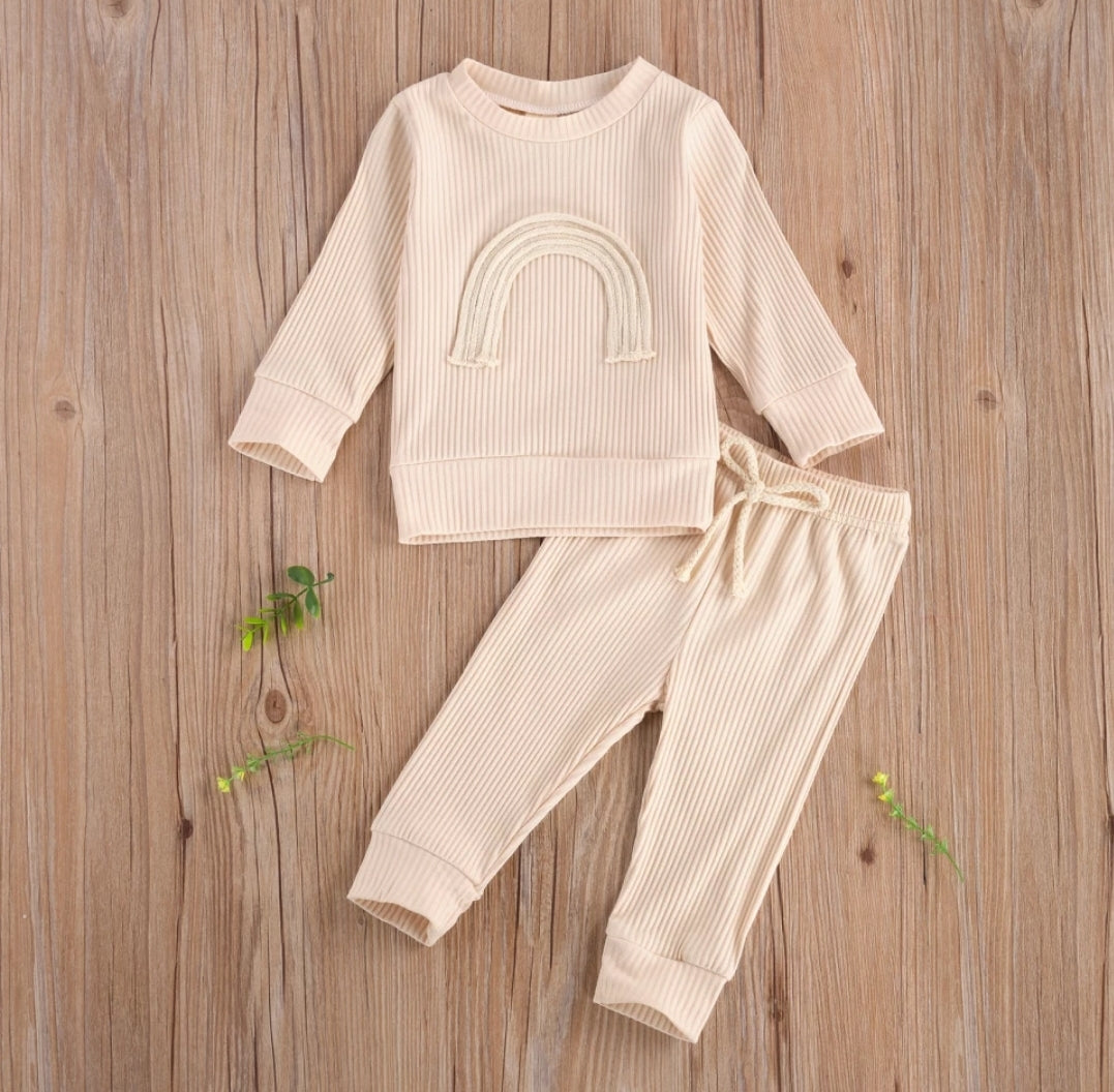 Cream Crewneck Ribbed Rainbow Tracksuit #100099