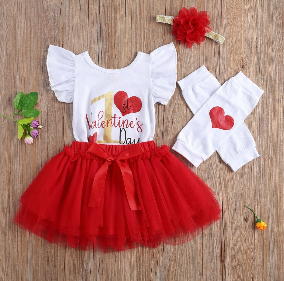 My First Valentine's day Romper with Tutu, Leggings and Headband