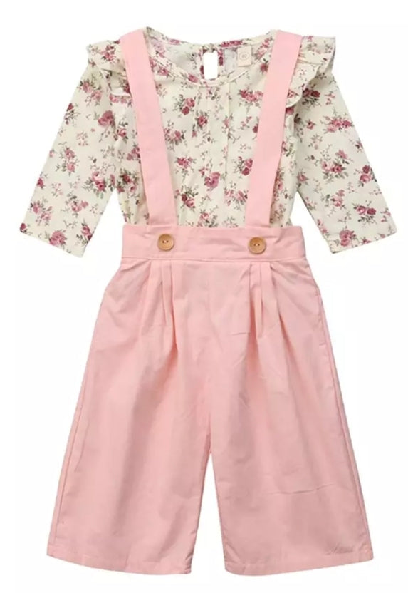 Floral Ruffle Neck Line Top with Pink Dungaree 1000269