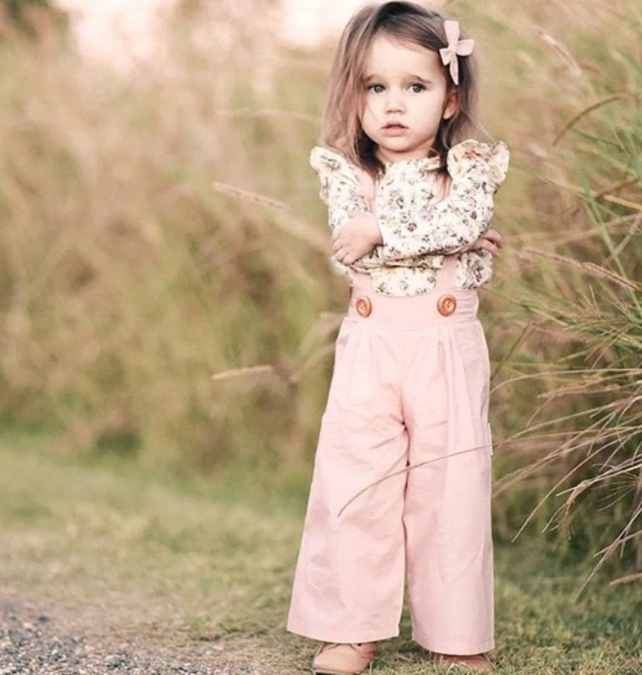 Floral Ruffle Neck Line Top with Pink Dungaree 1000269