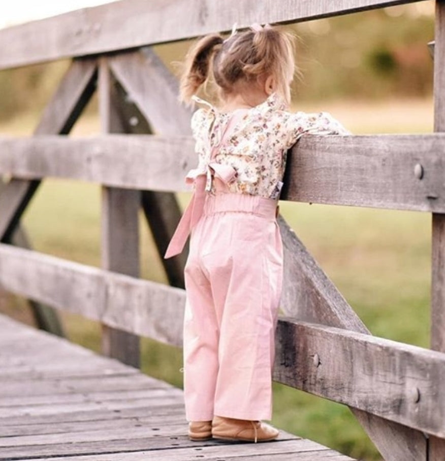 Floral Ruffle Neck Line Top with Pink Dungaree 1000269