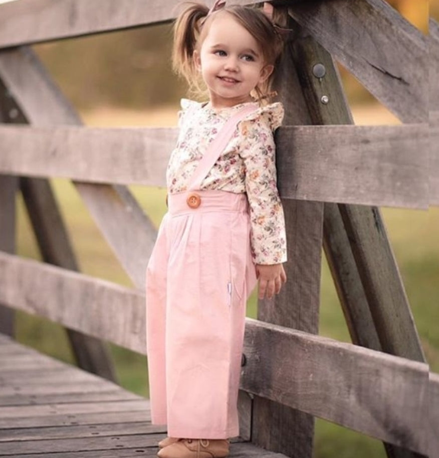 Floral Ruffle Neck Line Top with Pink Dungaree 1000269