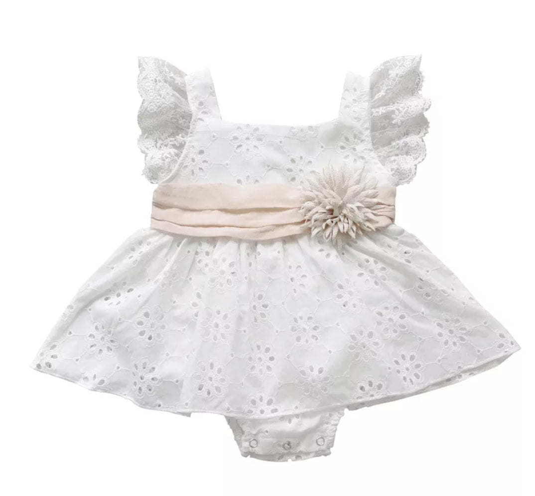 White Lace Romper Dress with Floral Detail
