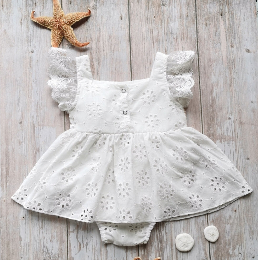 White Lace Romper Dress with Floral Detail