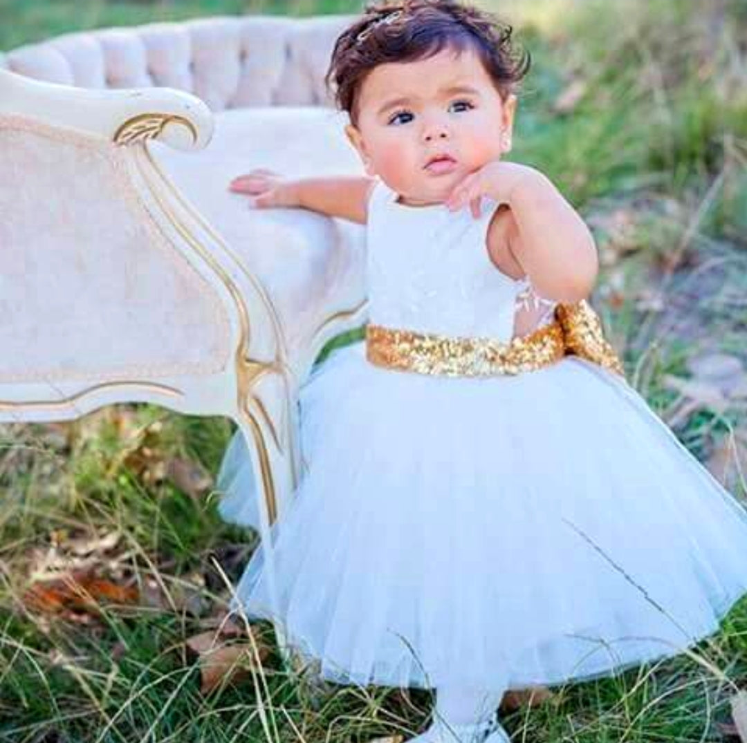 White Lace Tutu Dress with Gold Sequins Bow