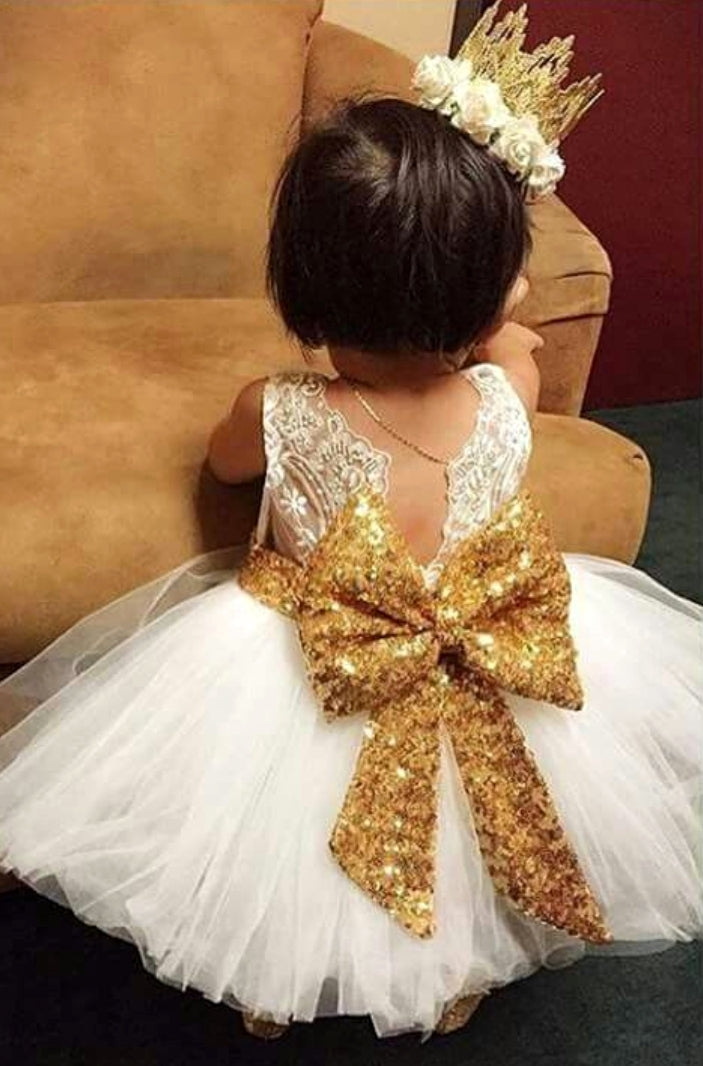 White Lace Tutu Dress with Gold Sequins Bow