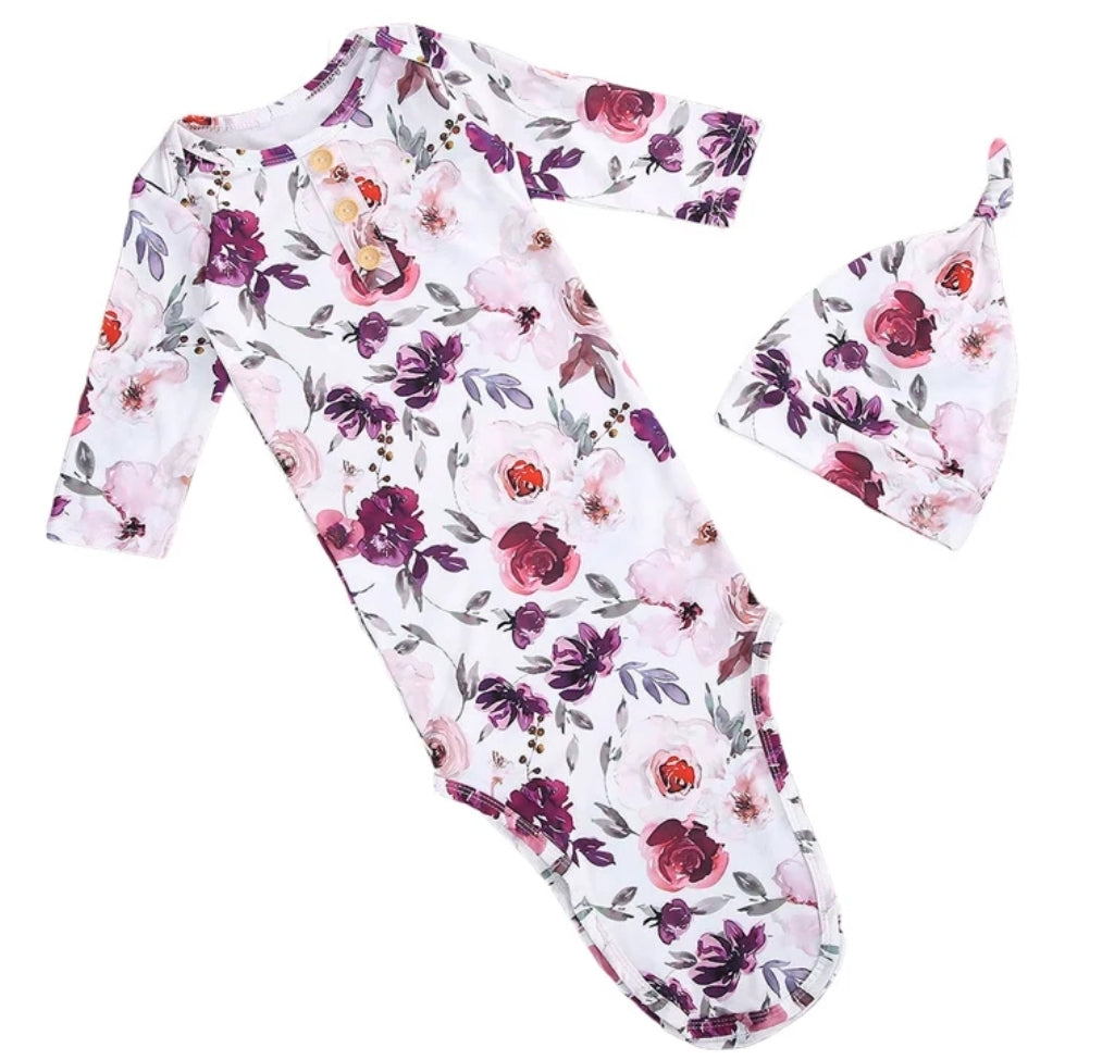 Knotted Swaddle Sleeping Bag and Hat Purple Floral