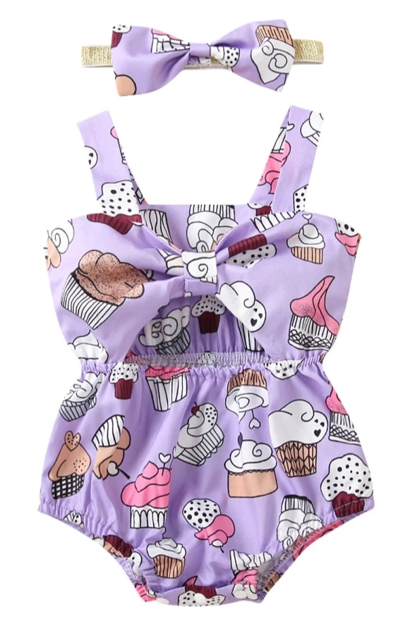 Purple Cup Cake Romper and Headband
