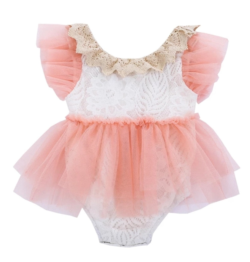 Lace Romper with Romantic Peach Pink Tutu and Ruffle Sleeve
