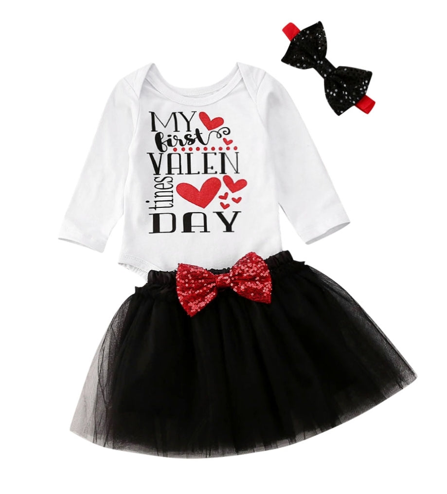 My Frist Valentines Day Romper with Black Tutu and Headband