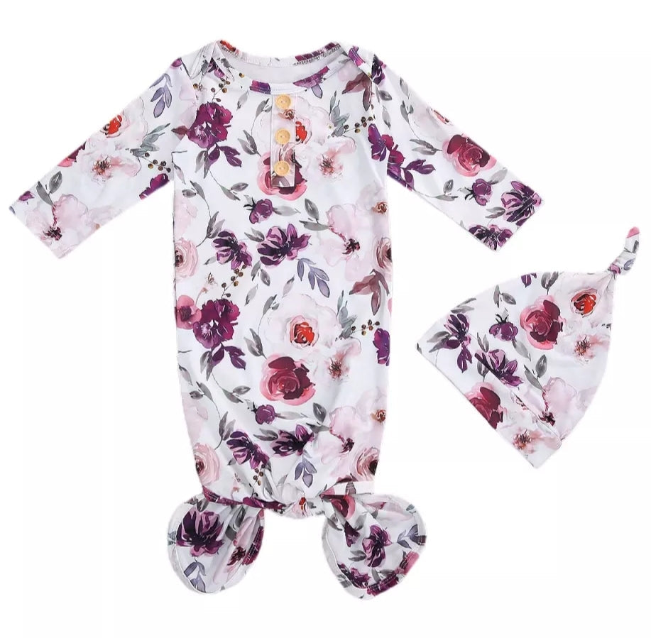 Knotted Swaddle Sleeping Bag and Hat Purple Floral