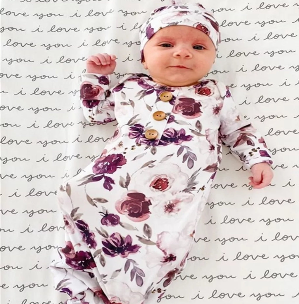 Knotted Swaddle Sleeping Bag and Hat Purple Floral