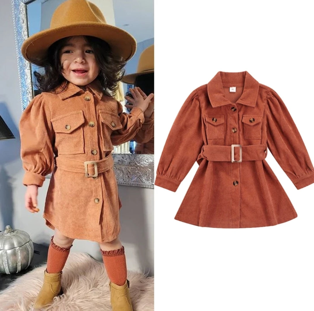 Caramel Corduroy Coat / Winter Dress with Waistband