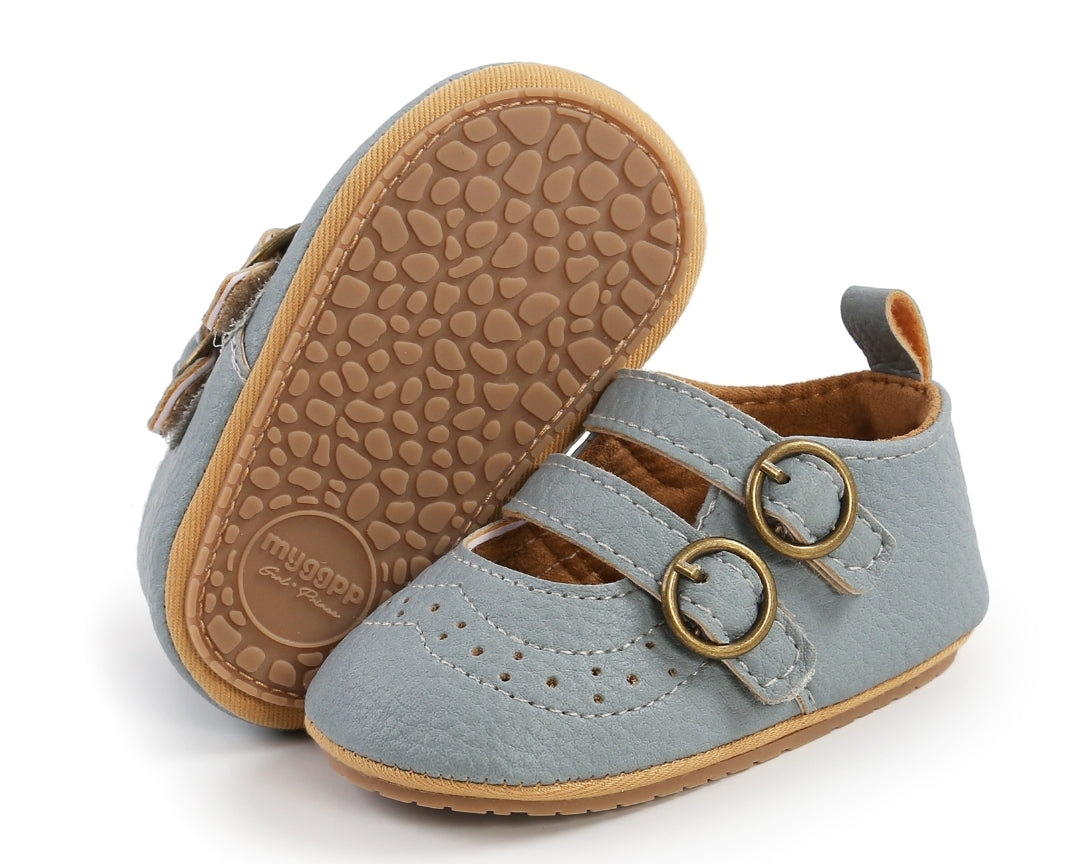 Blue Leather Double Buckle Pumps