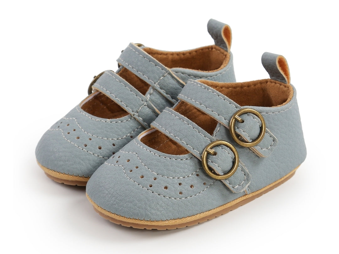 Blue Leather Double Buckle Pumps